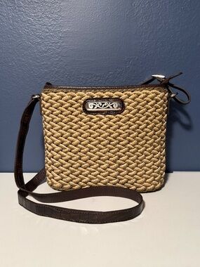 Brighton Woven Jute Crossbody Bag Brown Leather Silver Scroll Accent Vintage